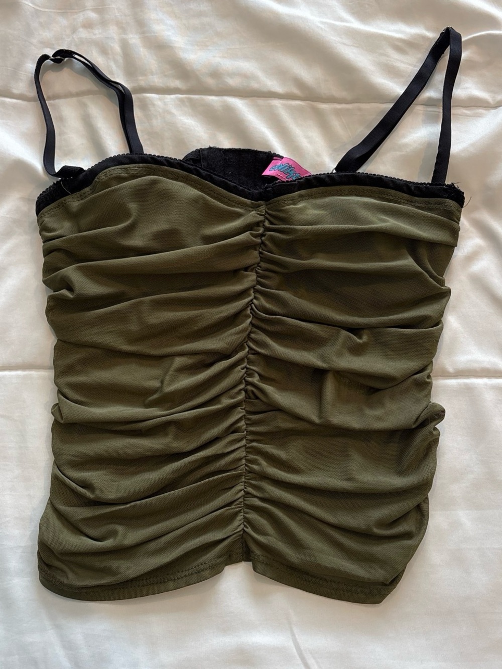 Edikted Olive Green Ruched Cami Tank Top with Black Bralette